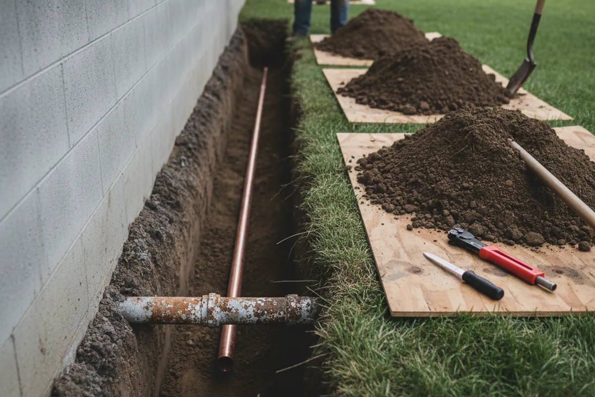 Excavated water line trench during Water Softener Installation in Newburyport